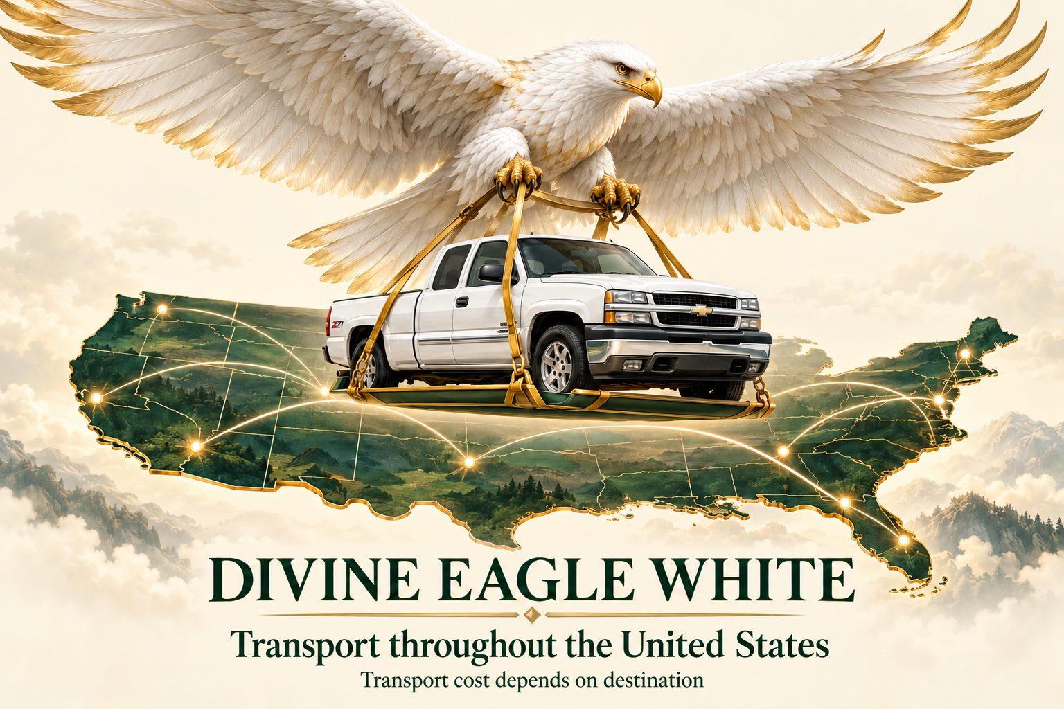 Divine Eagle White illustration: a white eagle transporting a Silverado over a map of the United States
