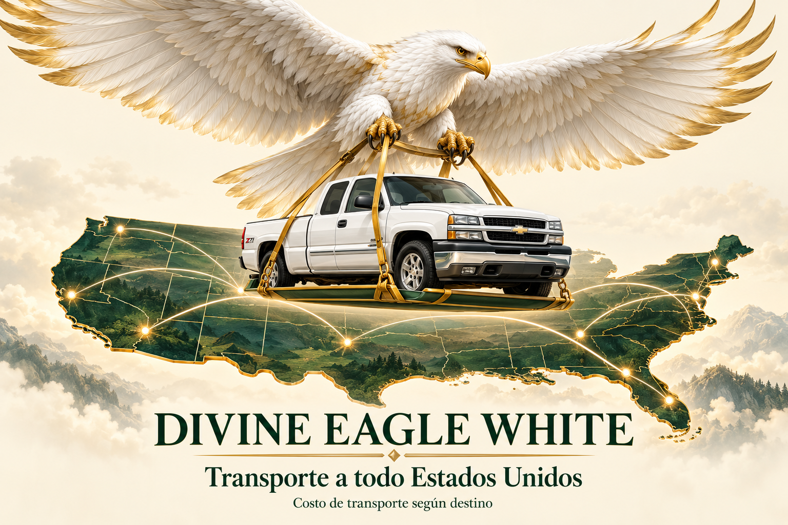 Ilustración de Divine Eagle White: un águila blanca transportando una Silverado sobre un mapa de Estados Unidos